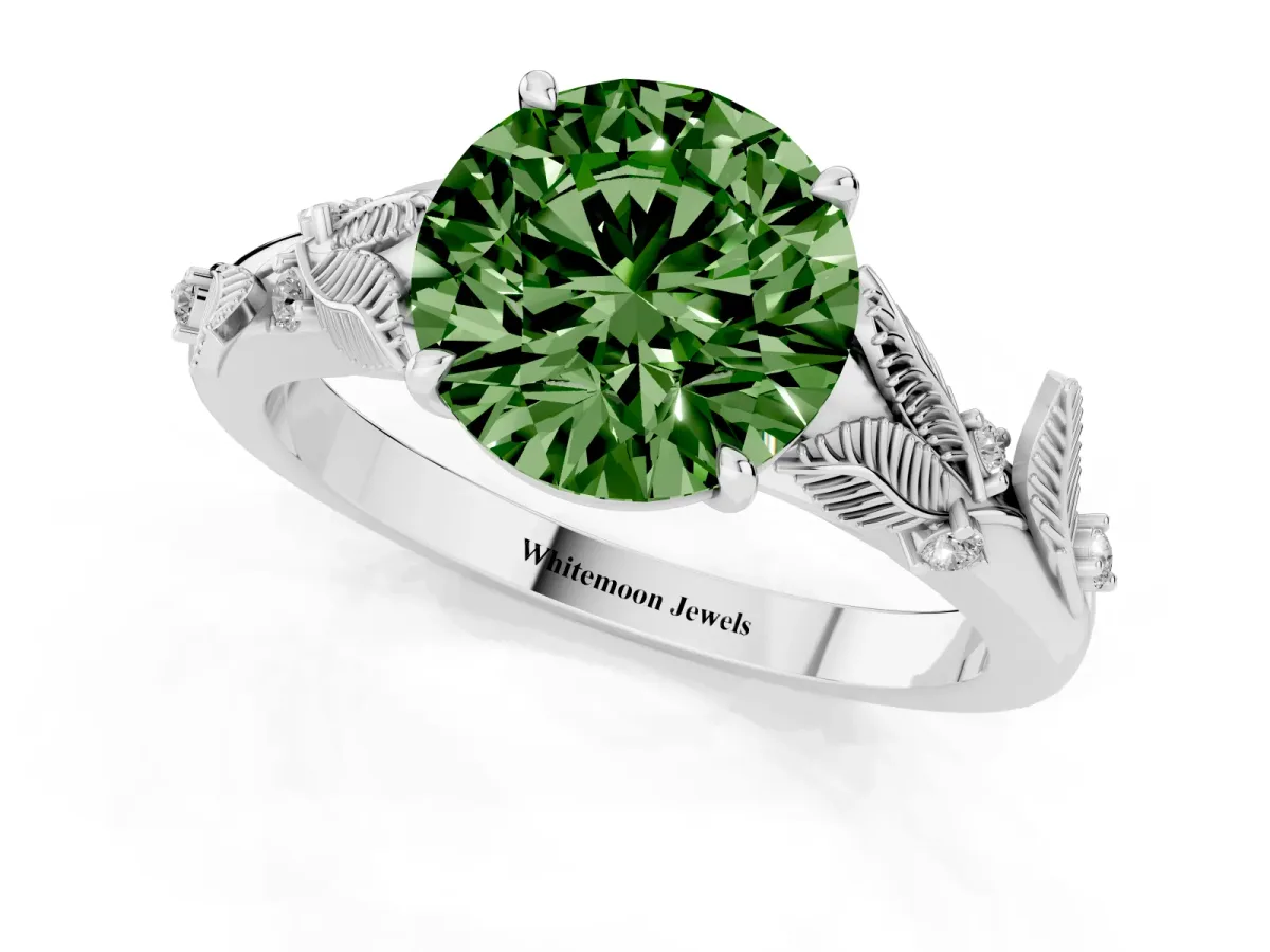 Fancy Green Round Cut Diamond Solitaire Ring with Leaf Motif Band and Four-Prong Setting Platinum