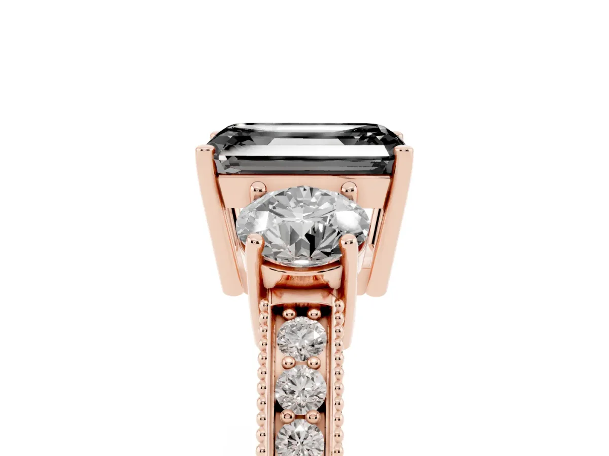 Fancy Black Emerald Cut Three-Stone Diamond Ring with Pavé Band and Four-Prong Setting Rose gold