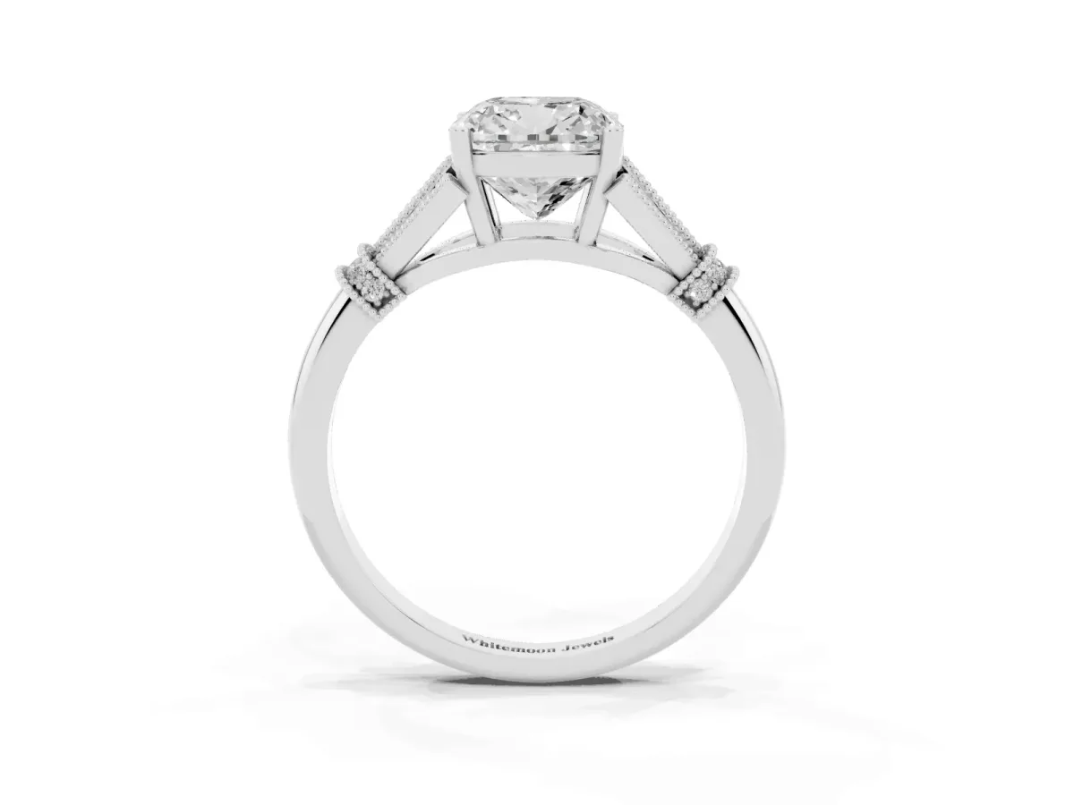 Cushion Cut Diamond Solitaire Ring with Floral Filigree and Pave Accents White gold