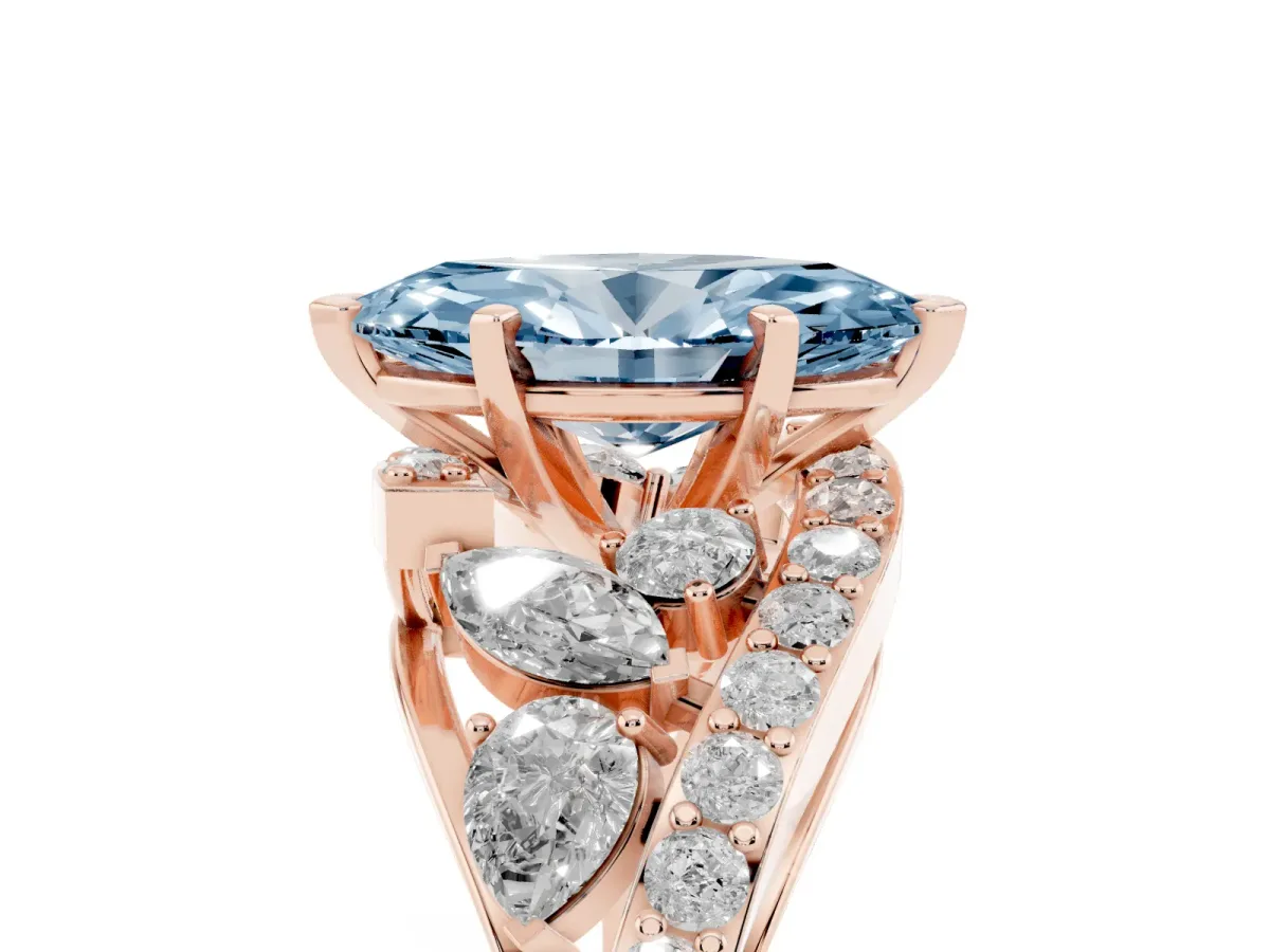 Fancy Blue Marquise Cut Diamond Halo Ring with Marquise and Pavé Band in Prong Setting Rose gold