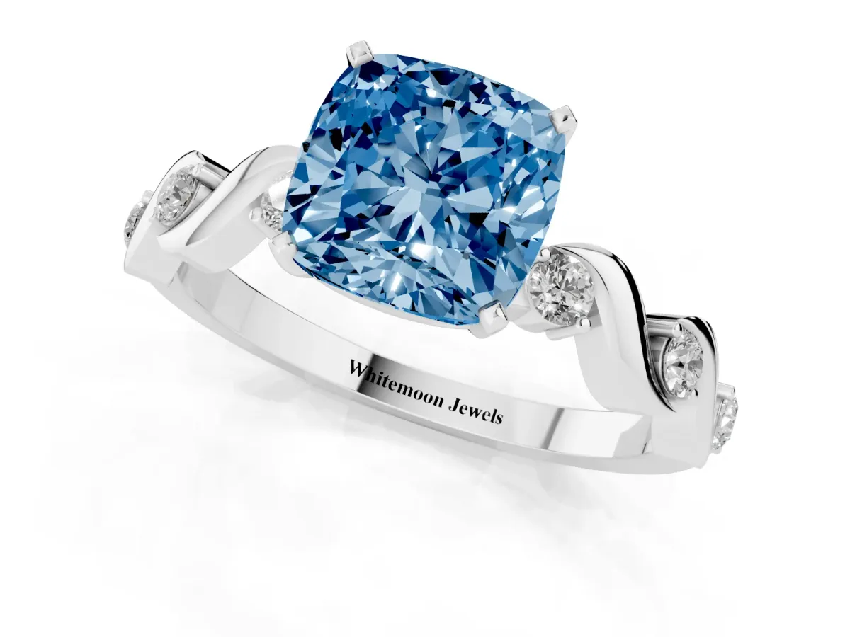 Fancy Blue Cushion Cut Diamond Solitaire Twisted Band with Round Accents and Prong Setting Silver