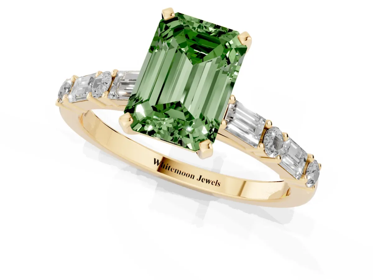 Fancy Green Emerald Cut Diamond Solitaire with Side Baguettes and Channel Set Band Yellow gold
