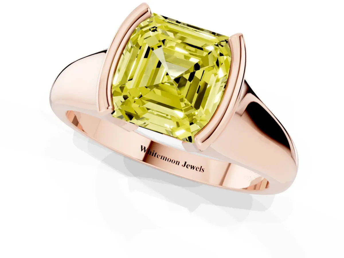 Fancy Yellow Asscher Cut Solitaire Tension Set Diamond Ring with Split Shank Band Rose gold