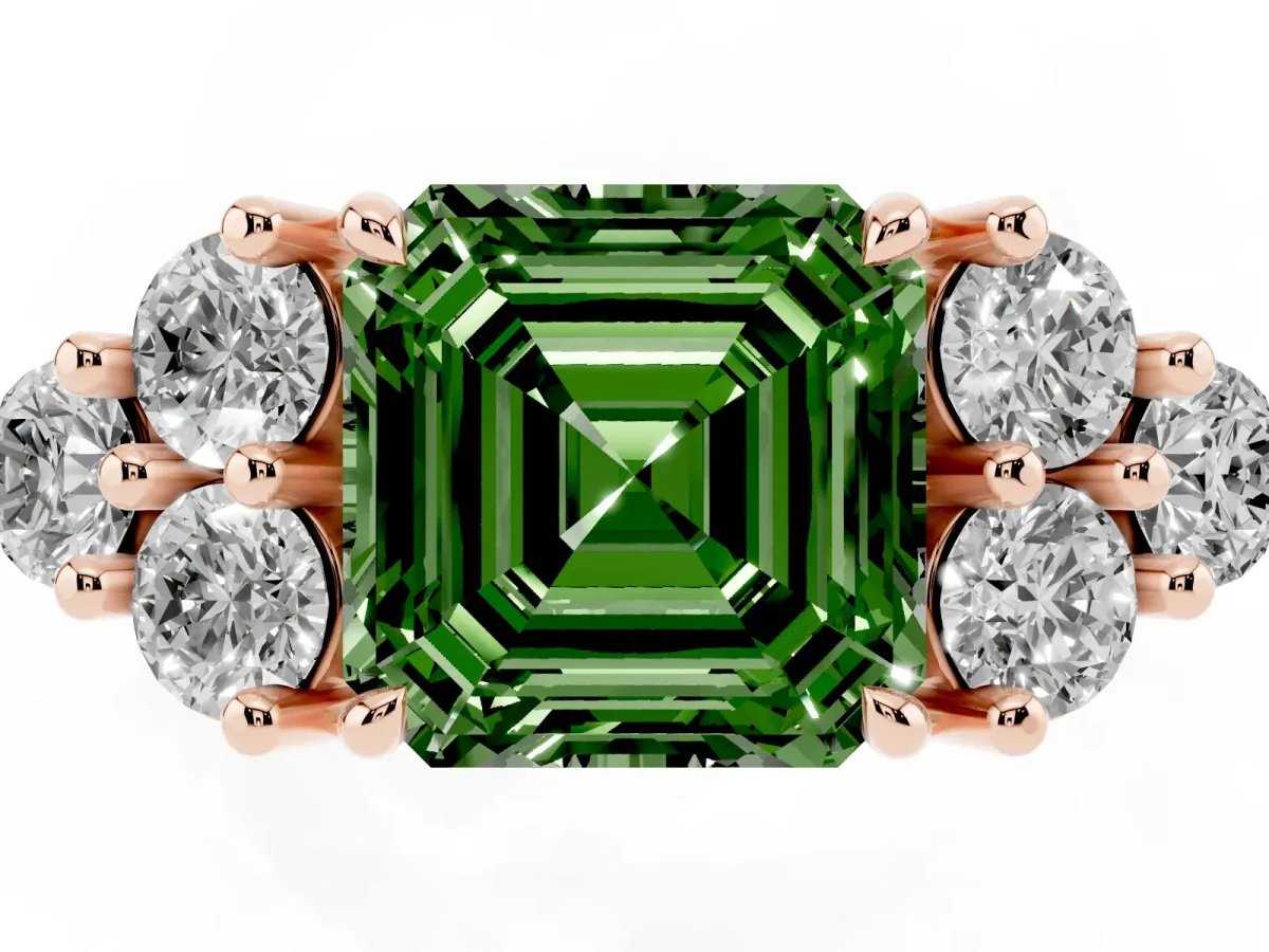 Fancy Green Asscher Cut Brilliant Diamond Cluster Accent Solitaire Ring with Prong Setting Rose gold