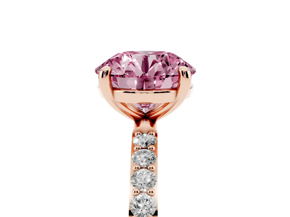 Fancy Pink Round Cut Diamond Solitaire Ring with Round Pavé Band and Prong Setting Rose gold