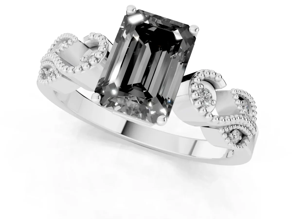 Fancy Black Emerald Cut Solitaire Milgrain Leaf Band with Prong Setting Silver