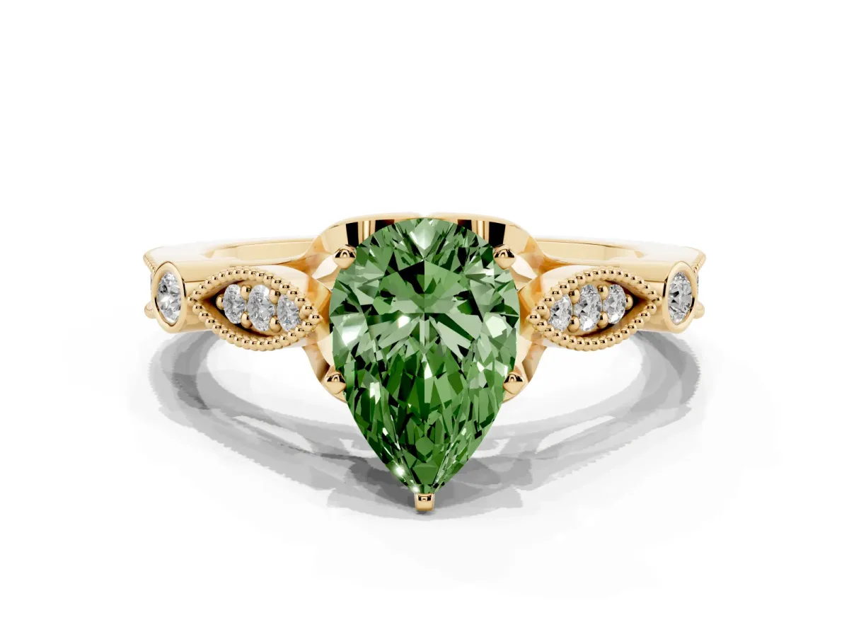 Fancy Green Pear Cut Cut Diamond with Milgrain Marquise and Bezel Accents on a Solitaire Band with Prong Setting Yellow gold