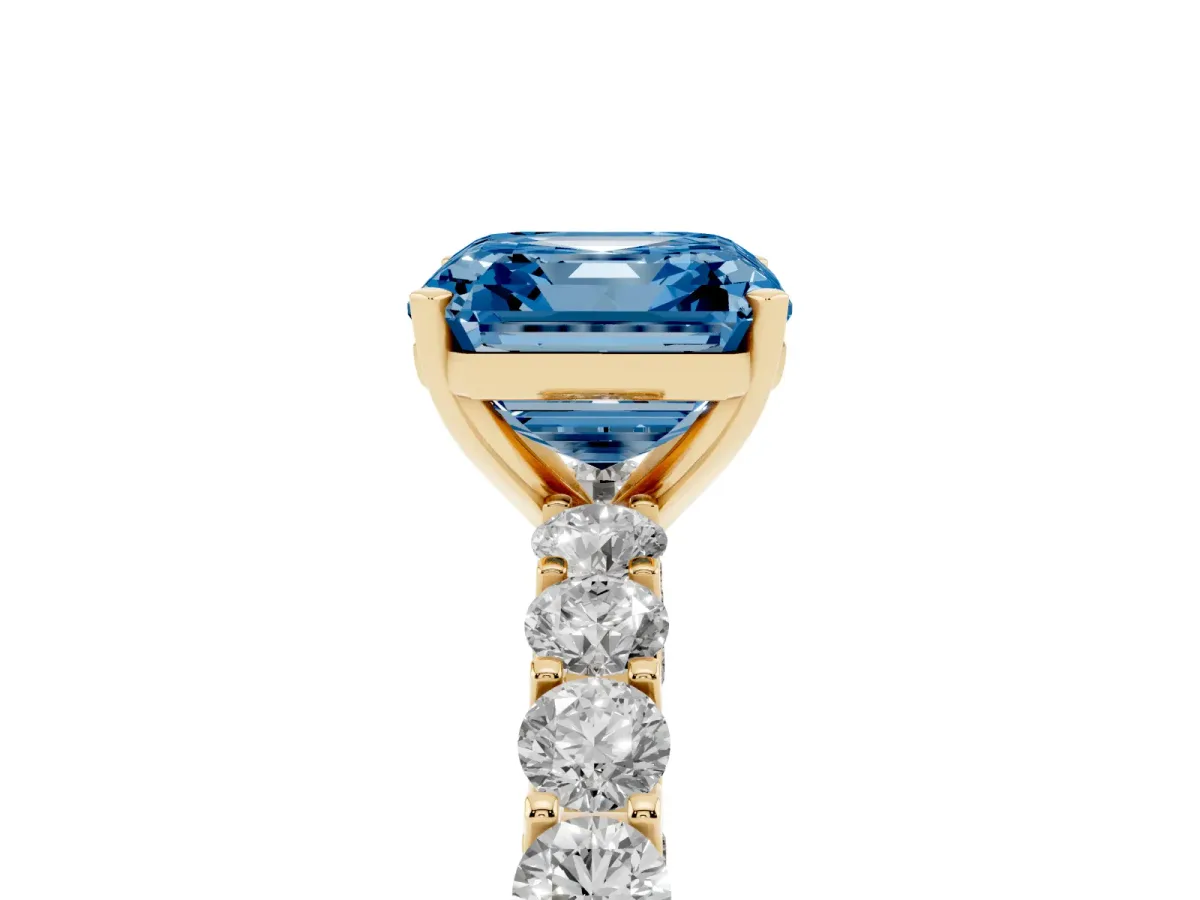 Fancy Blue Asscher Cut Diamond Solitaire Ring with Shared Prong Pavé Band and Four-Prong Setting Yellow gold