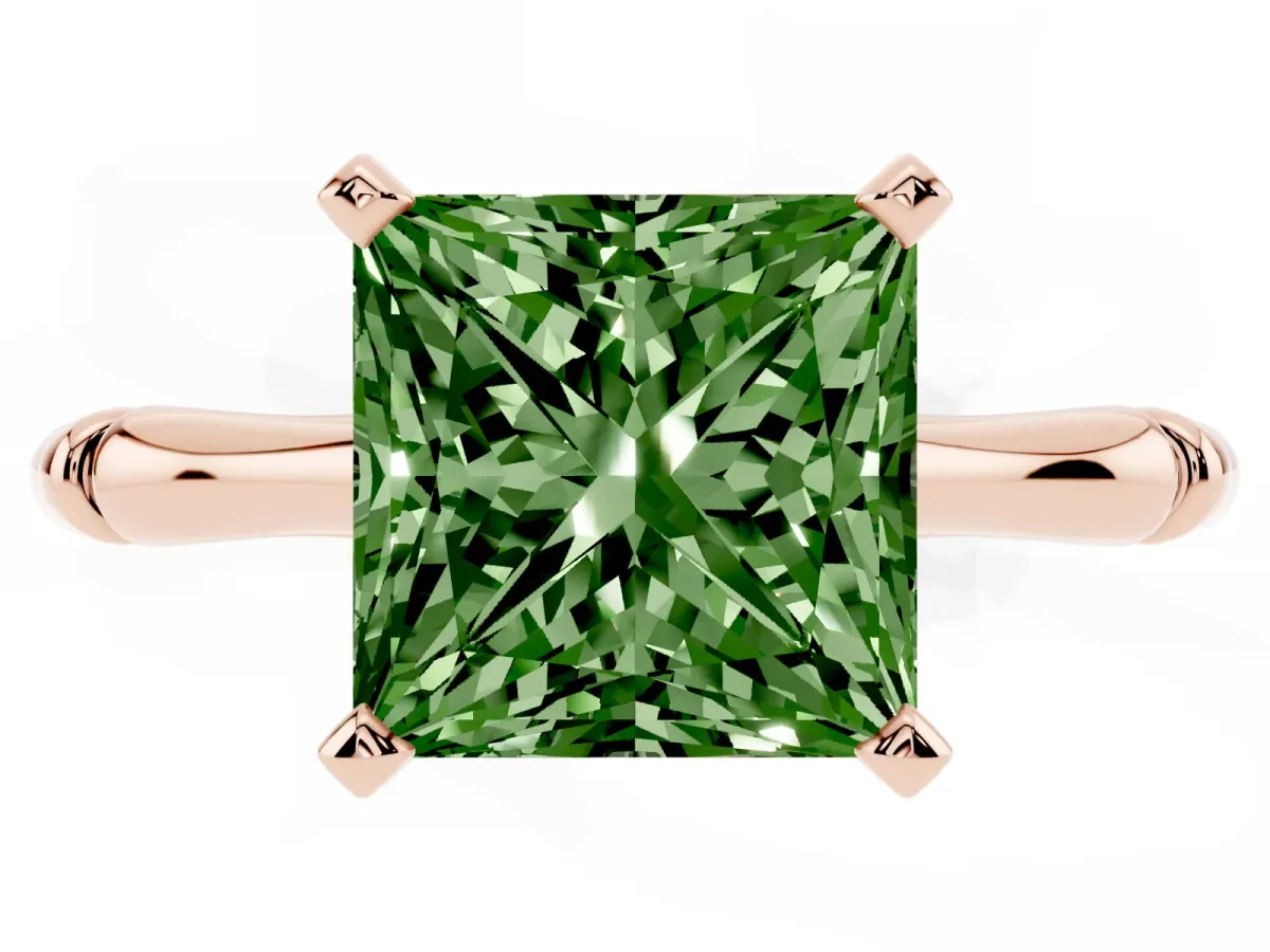 Fancy Green Princess Cut Solitaire Diamond Ring with Bamboo Band and Four-Prong Setting Rose gold