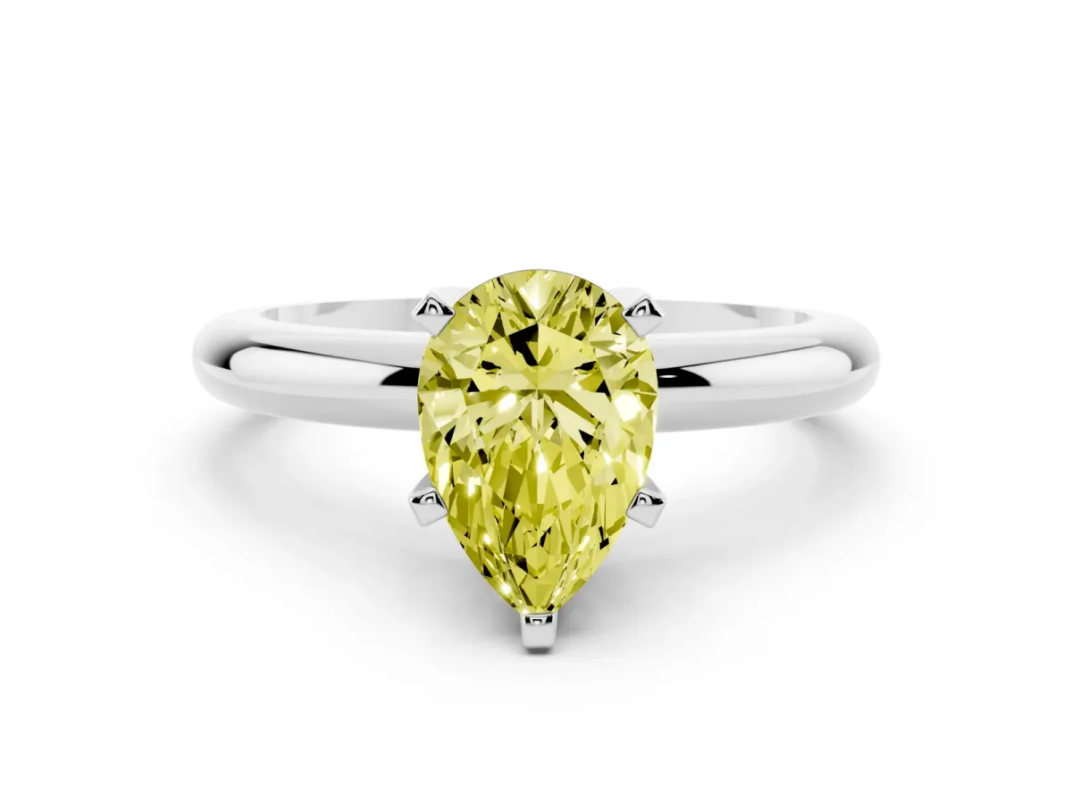 Fancy Yellow Pear Cut Diamond Solitaire Engagement Ring with Round Band and Four-Prong Setting Platinum