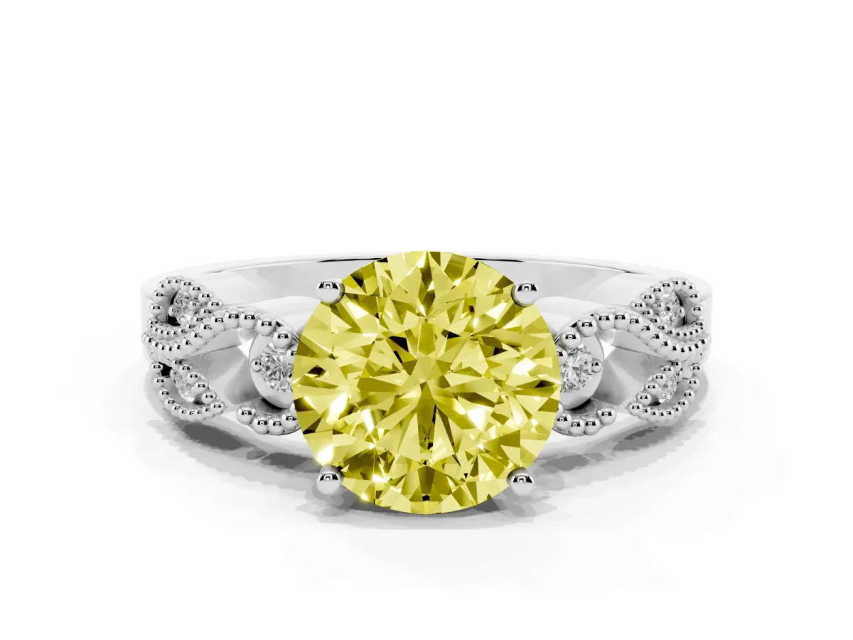 Fancy Yellow Round Cut Solitaire Milgrain Leaf Band with Prong Setting White gold