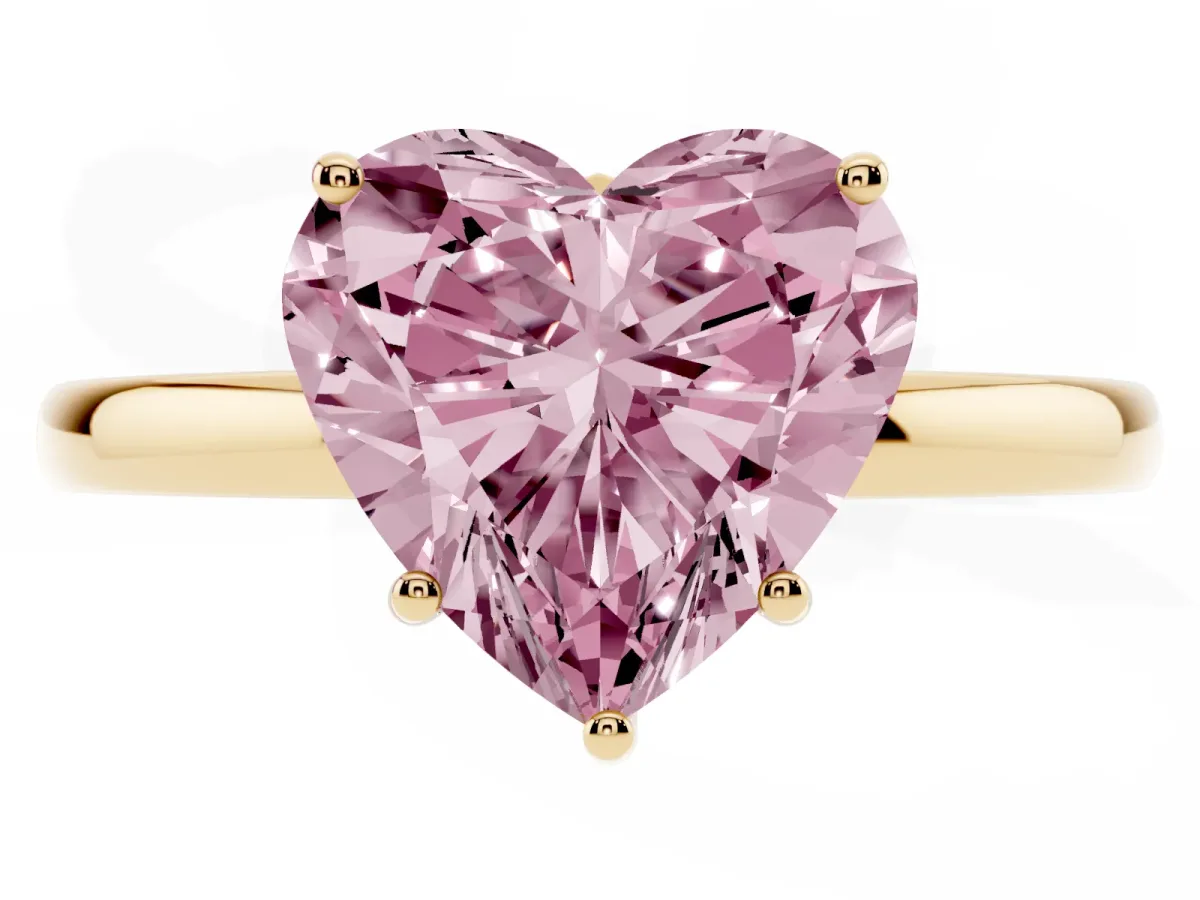 Fancy Pink Heart Cut Solitaire Diamond Ring with Prong Setting and Plain Band Yellow gold