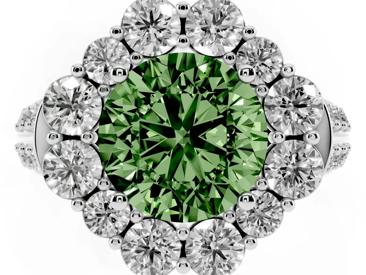 Fancy Green Round Cut Halo Diamond Engagement Ring with Split Shank and Prong Setting Silver