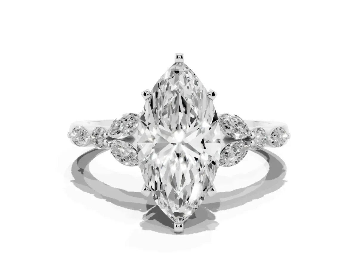 Marquise Cut Diamond Solitaire Ring with Side Stones and Four-Prong Setting Platinum