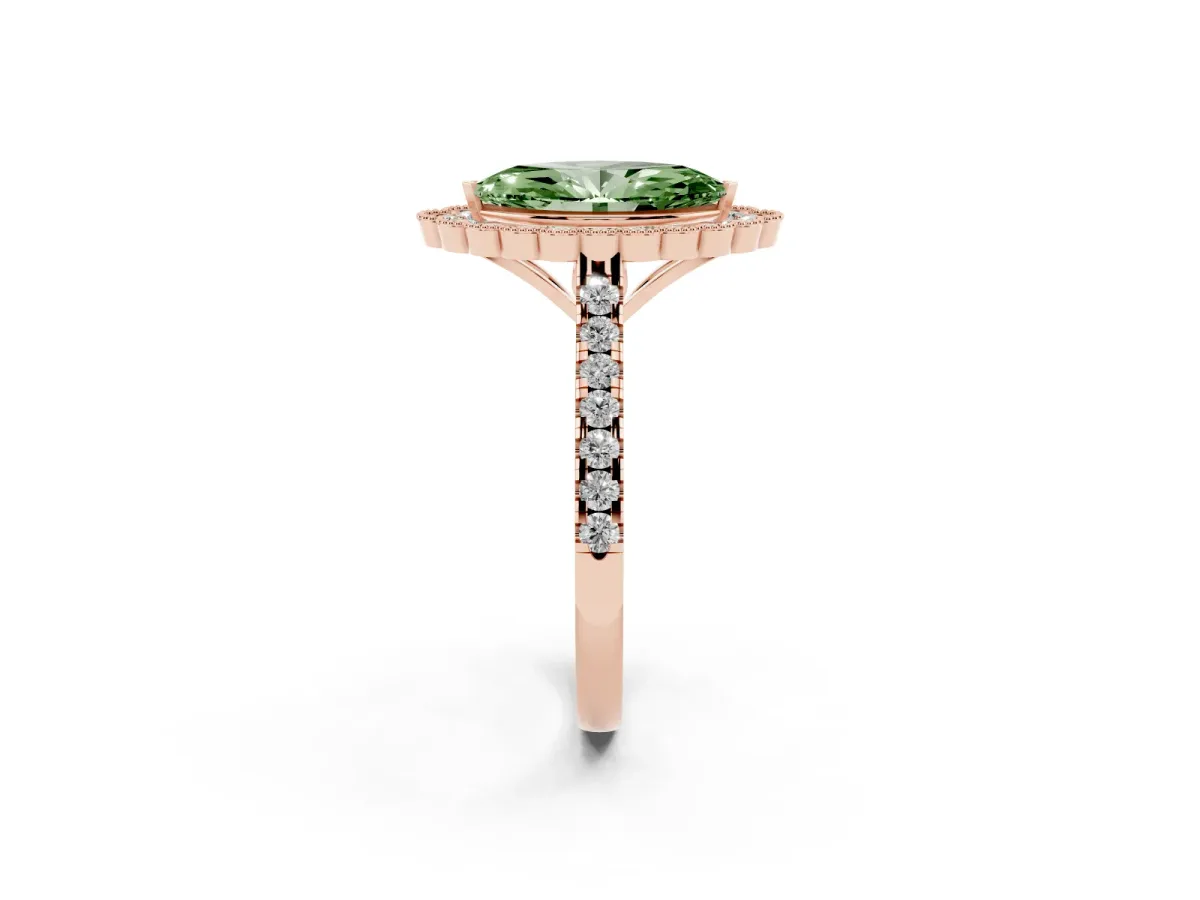 Fancy Green Marquise Cut Cut Diamond Milgrain Floral Halo Engagement Ring with Pavé Band Rose gold