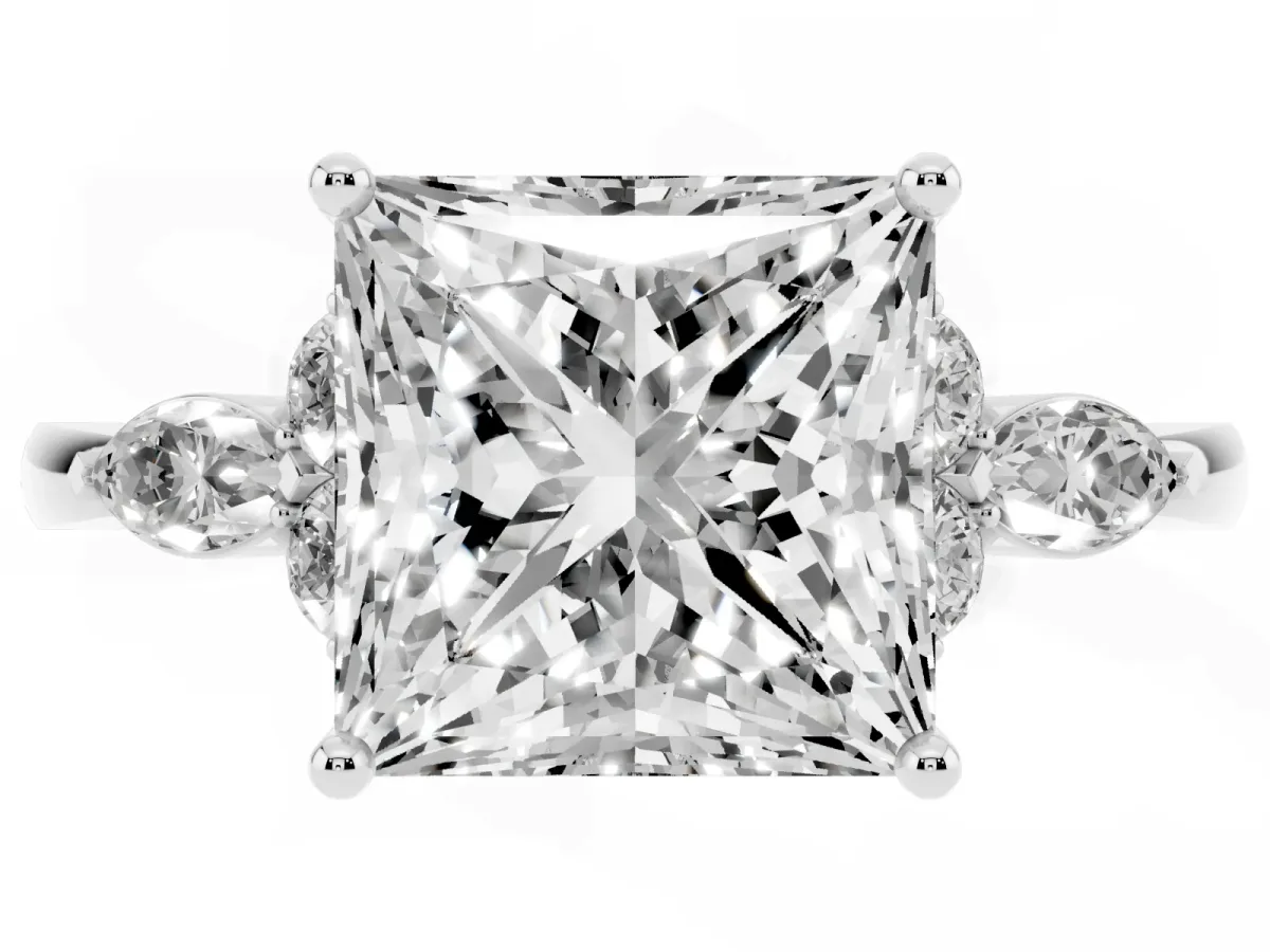 Princess Cut Brilliant Diamond Solitaire Ring with Pear Side Stones and Four-Prong Setting Silver
