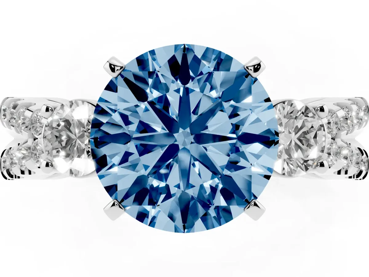 Fancy Blue Round Cut Diamond Three-Stone Ring with Pavé Split Shank and Four-Prong Setting White gold