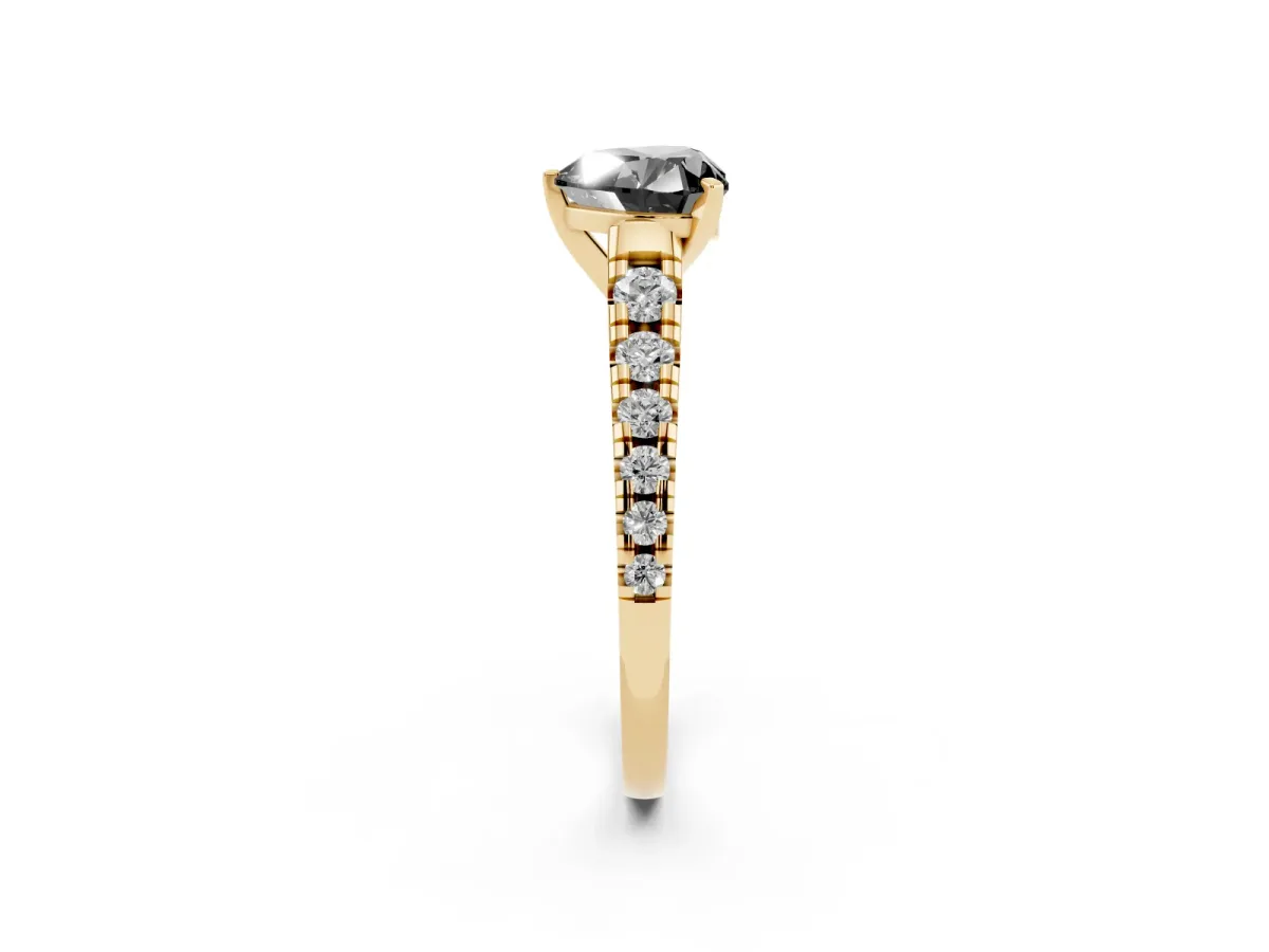 Fancy Black Heart Cut Diamond Cathedral Solitaire Ring with Round Pavé Band Yellow gold