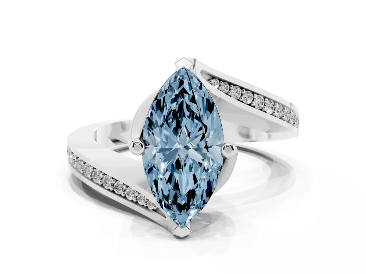 Fancy Blue Marquise Cut Solitaire Diamond Twist Band with Pavé Setting and Four-Prong Setting Silver
