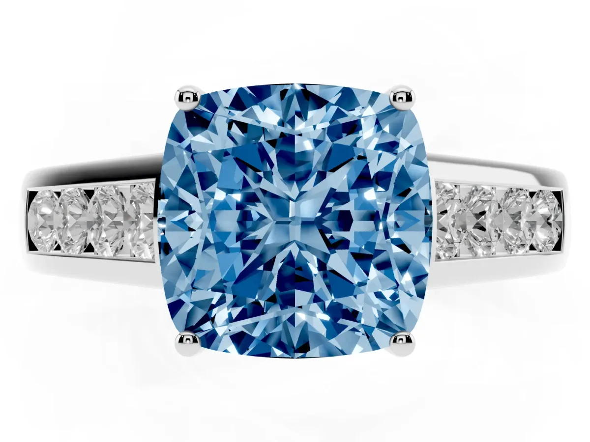 Fancy Blue Cushion Cut Solitaire Channel-Set Diamond Engagement Ring with Four-Prong Setting Platinum