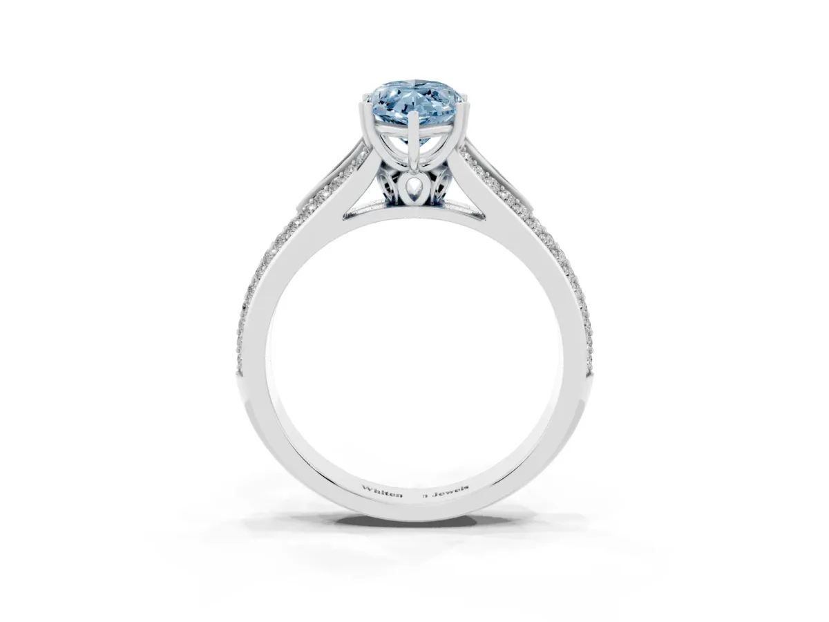Fancy Blue Marquise Cut Diamond Split Shank Engagement Ring with Pavé Band Silver