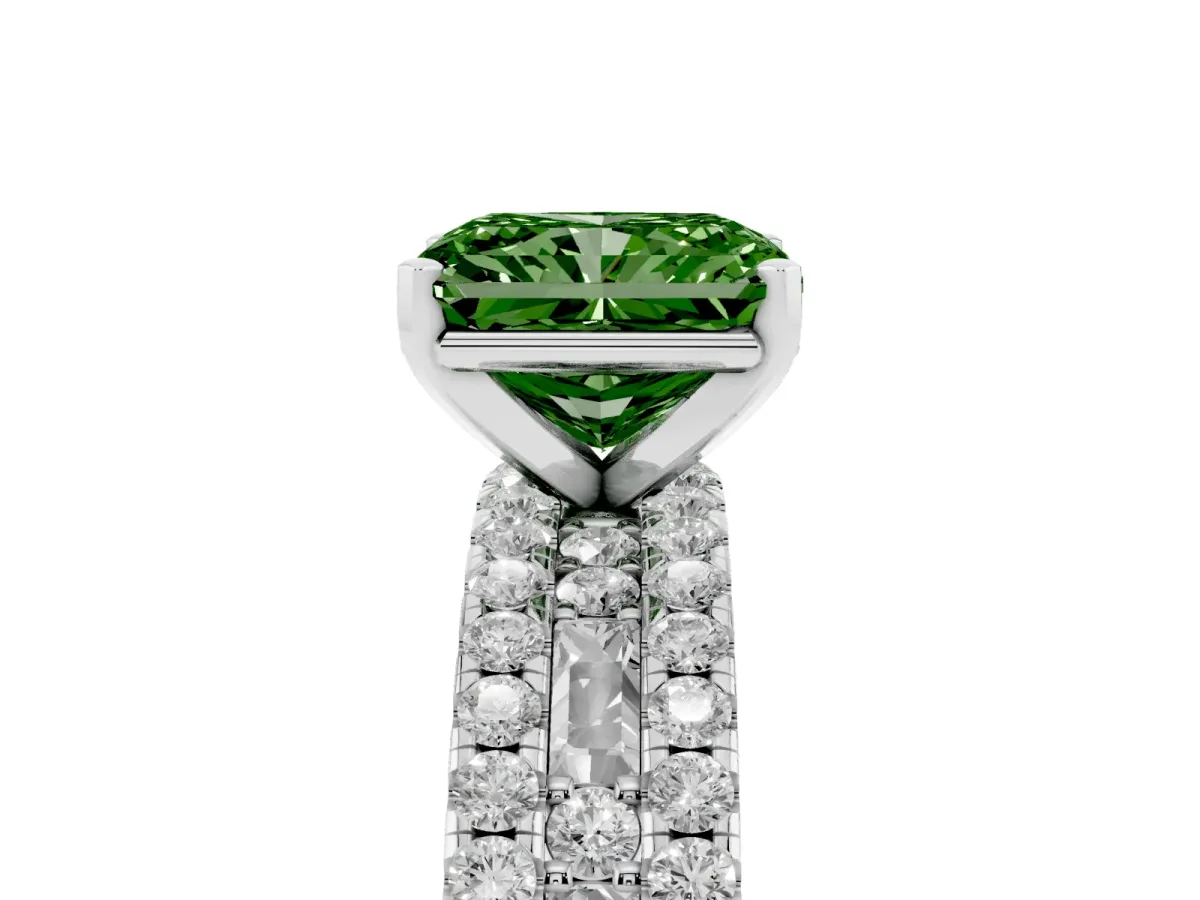 Fancy Green Radiant Cut Diamond Solitaire Ring with Pavé and Channel Set Band Platinum