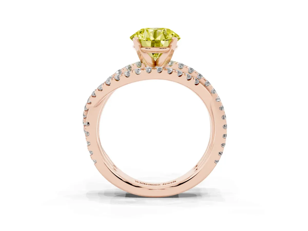 Fancy Yellow Round Cut Solitaire Twist Band with Pavé Setting and Four-Prong Setting Rose gold