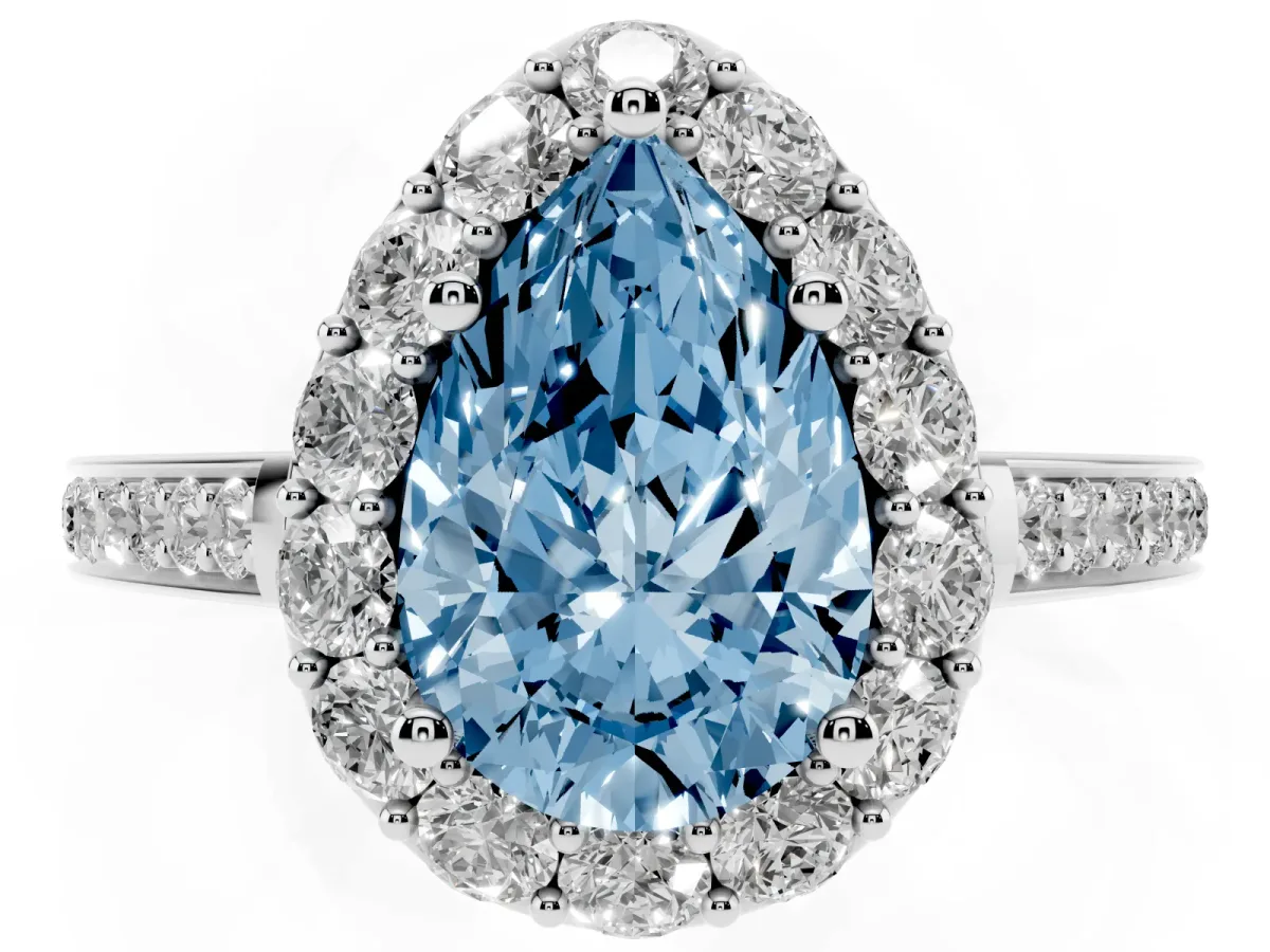 Fancy Blue Pear Cut Diamond Floral Halo Ring with Pavé Band and Prong Setting White gold