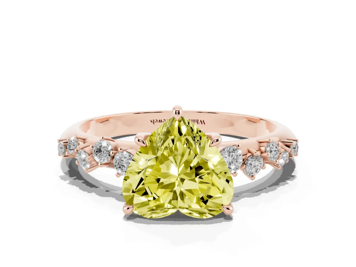 Fancy Yellow Heart Cut Diamond Cluster Side Stone Solitaire Ring with Prong Setting Rose gold
