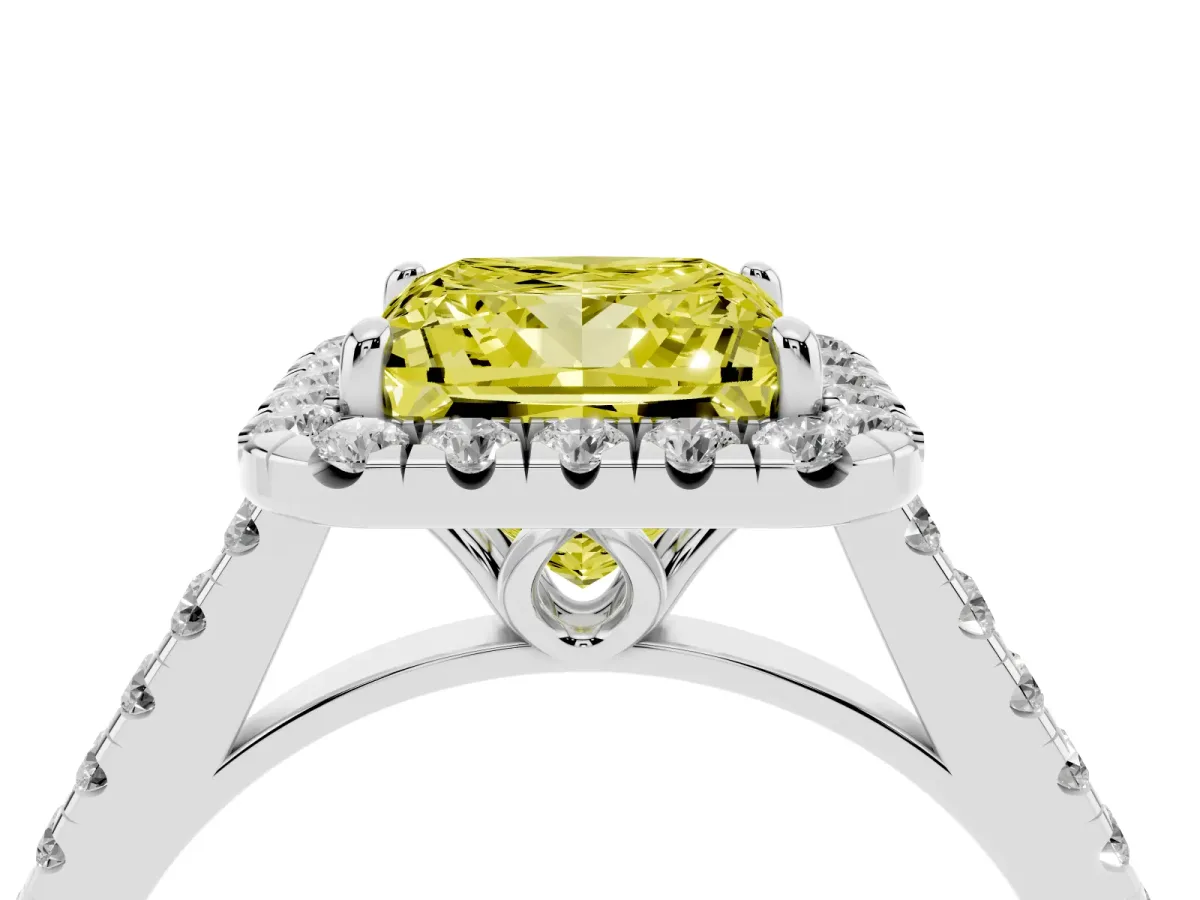 Fancy Yellow Princess Cut Halo Pavé Diamond Engagement Ring with Four-Prong Setting Silver