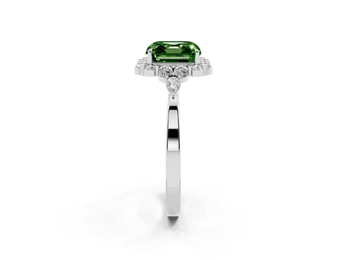 Fancy Green Asscher Cut Diamond Halo Ring with Pear Side Stones and Prong Setting Silver