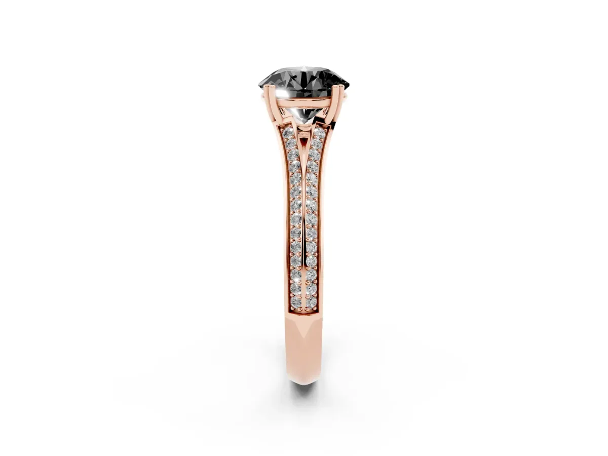 Fancy Black Round Cut Diamond Split Shank Engagement Ring with Pavé Band Rose gold