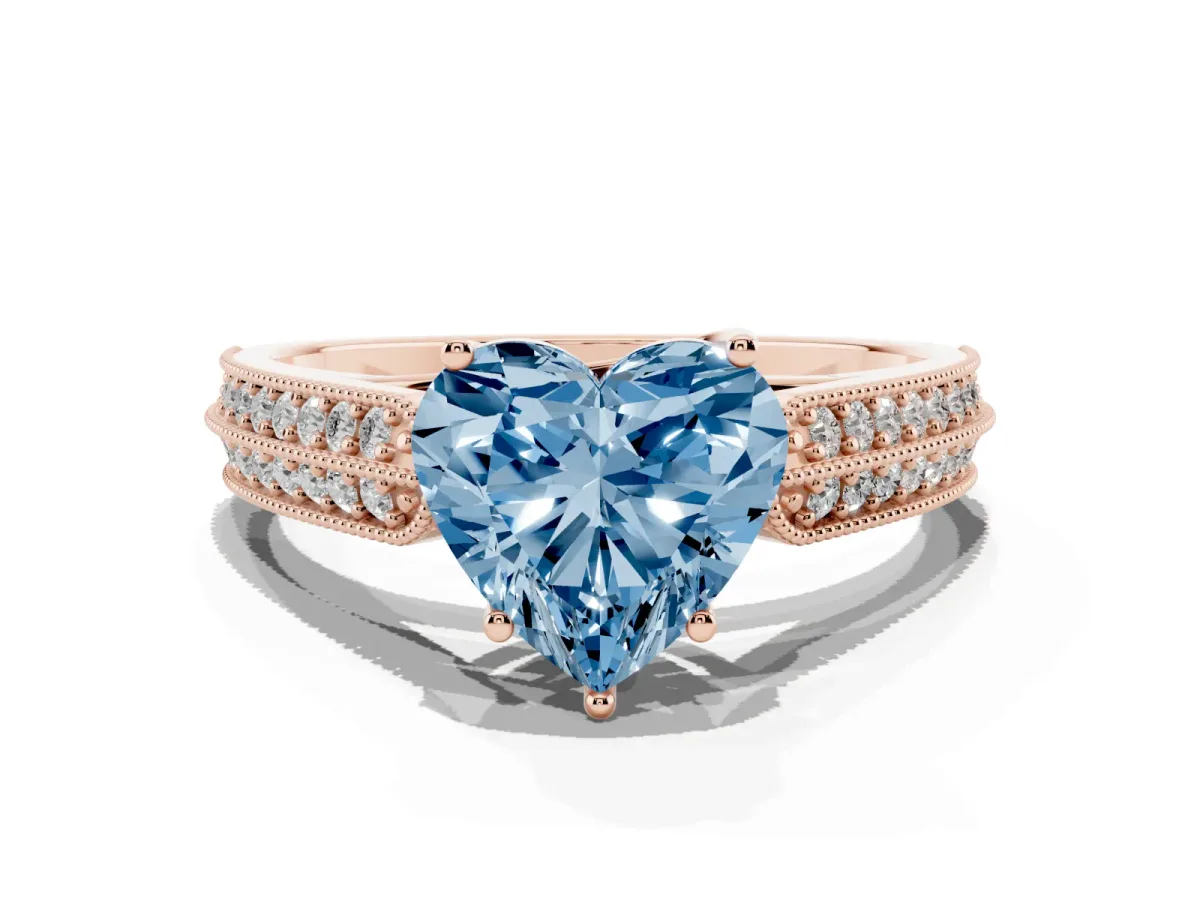 Fancy Blue Heart Cut Cut Pave Split Shank Engagement Ring with Four-Prong Setting Rose gold