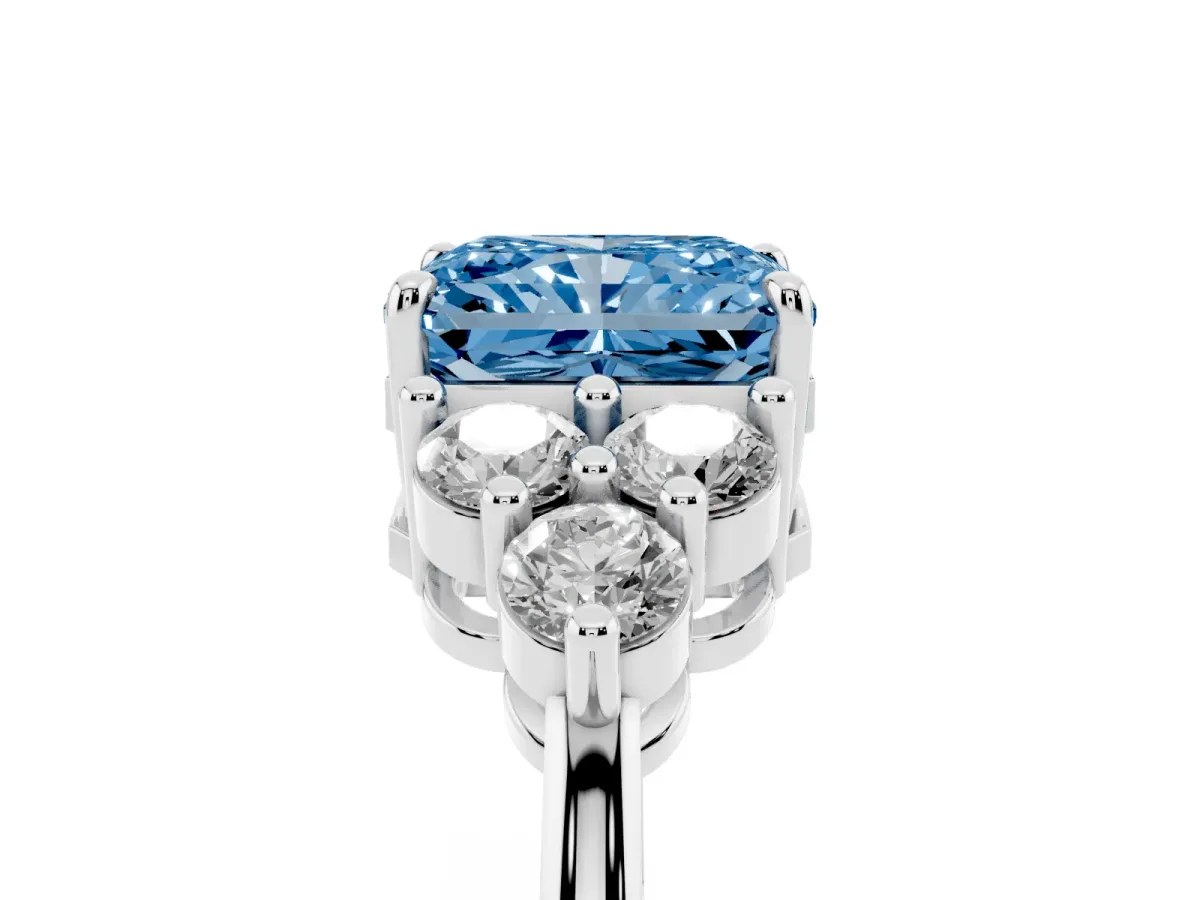 Fancy Blue Radiant Cut Brilliant Diamond Cluster Accent Solitaire Ring with Prong Setting Platinum