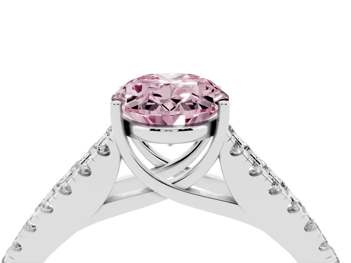 Fancy Pink Oval Cut Diamond Split Shank Pavé Engagement Ring with Four-Prong Setting White gold