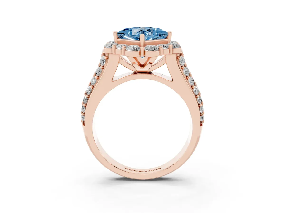 Fancy Blue Princess Cut Halo Diamond Engagement Ring with Split Shank and Prong Setting Rose gold