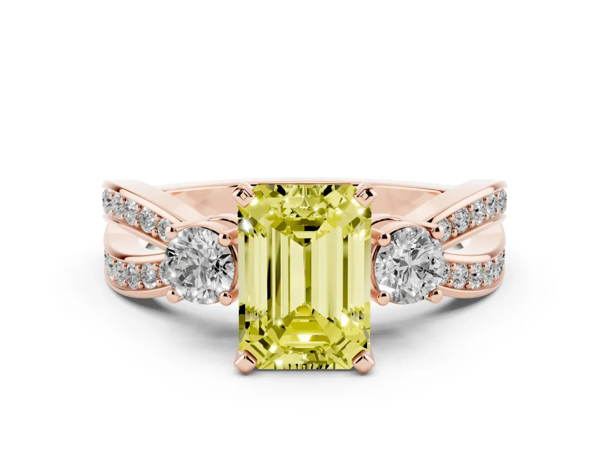 Fancy Yellow Three-Stone Emerald Cut Cut Diamond Twist Band with Prong Setting Rose gold