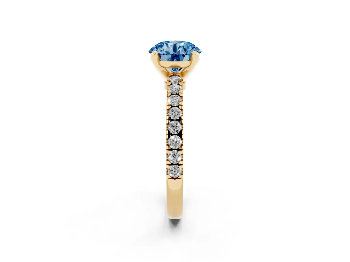 Fancy Blue Round Cut Solitaire Diamond with Pavé Band and Four-Prong Setting Yellow gold