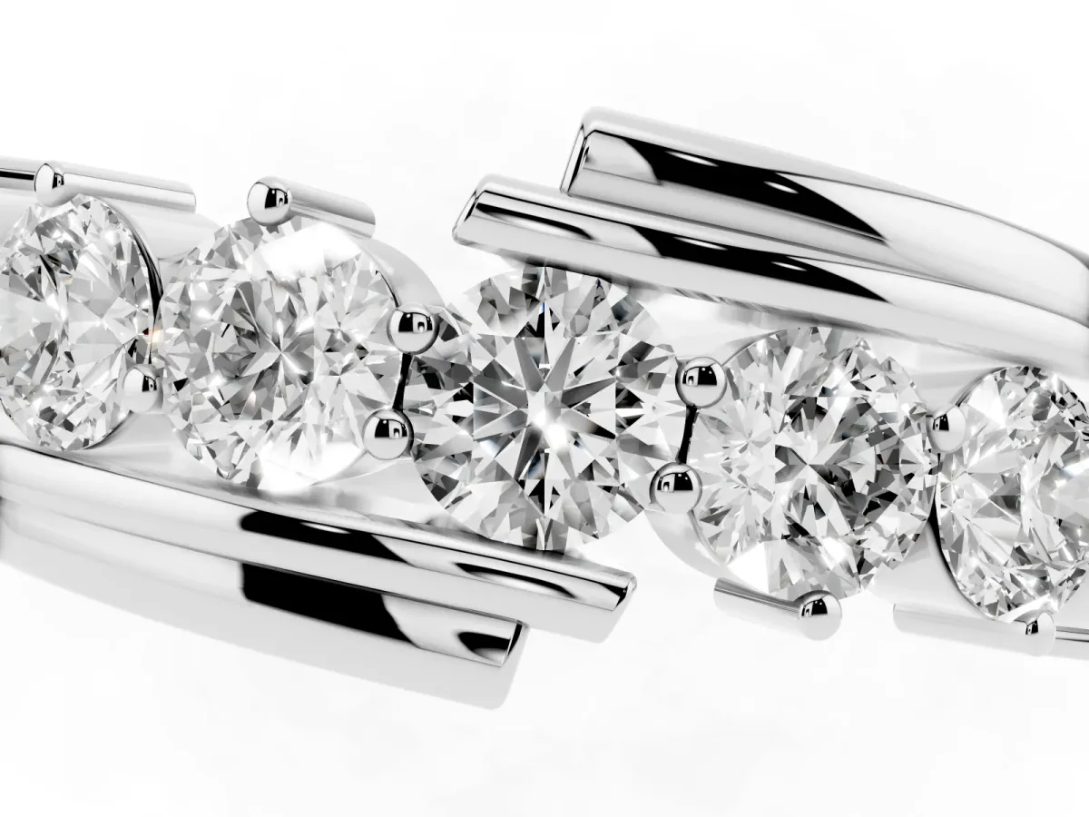 Round Diamond Wave Band with Channel and Shared Prong Setting Silver