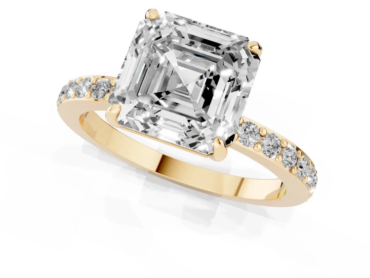 Asscher Cut Diamond Solitaire Engagement Ring with Pavé Band and Four-Prong Setting Yellow gold