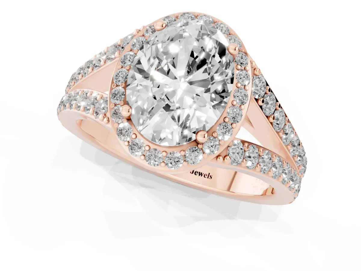 Oval Cut Diamond Split Shank Halo Ring with Four-Prong Setting Rose gold