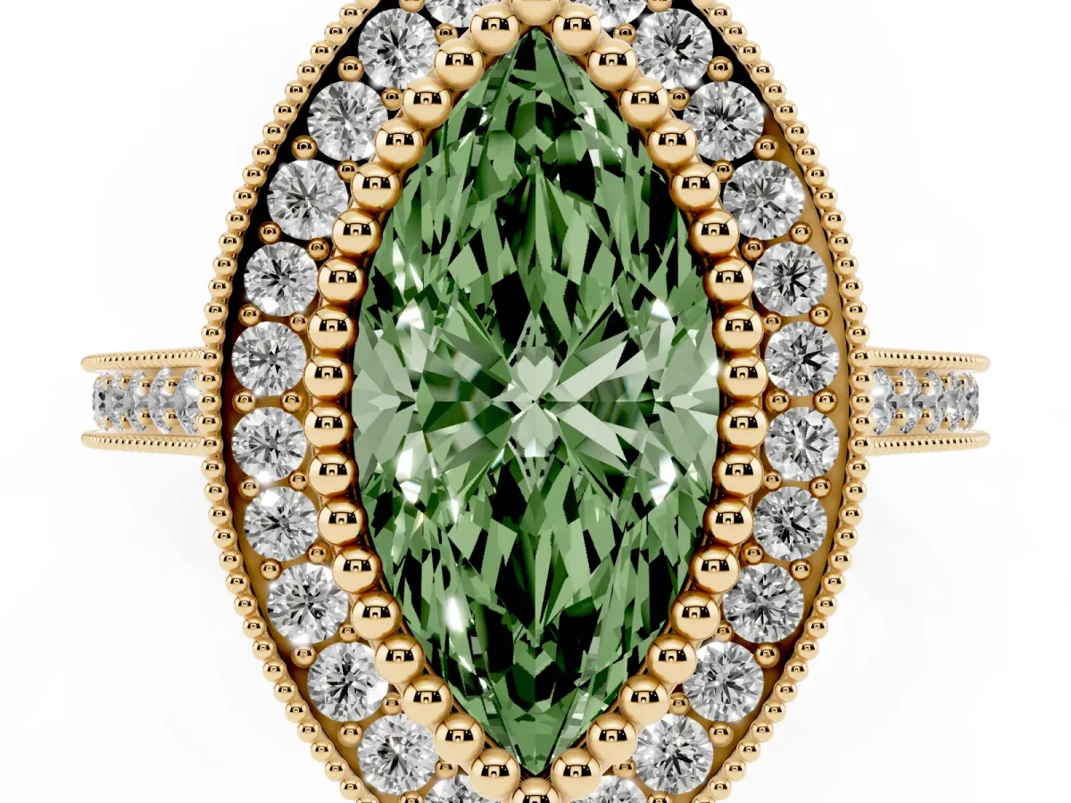 Fancy Green Marquise Cut Diamond Halo Ring with Milgrain Frame and Pavé Band Yellow gold