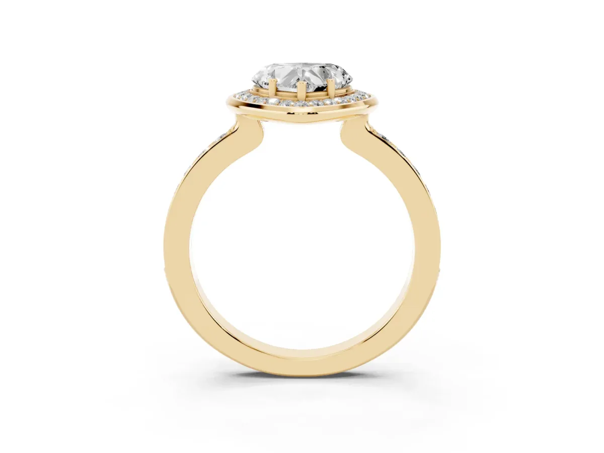 Heart Cut Diamond Halo Ring with Bezel Frame and Pavé Band Yellow gold