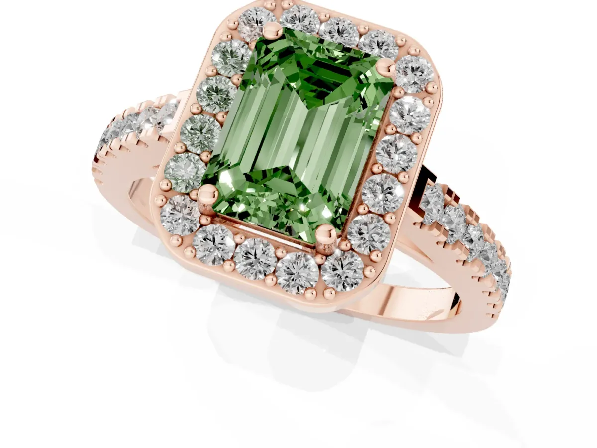 Fancy Green Emerald Cut Diamond Halo Ring with Round Pavé Split Shank and Prong Setting Rose gold