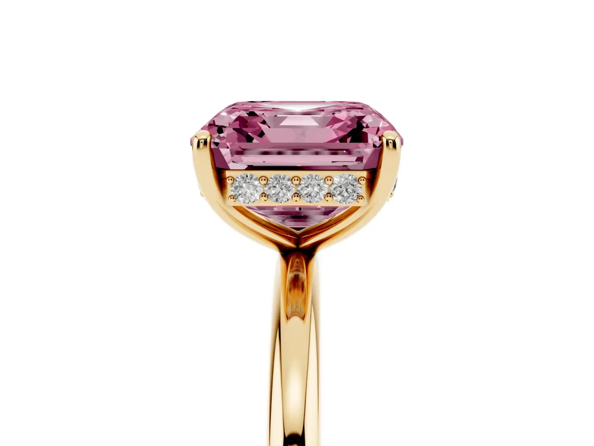 Fancy Pink Asscher Cut Solitaire Diamond Ring with a Classic Band and Four-Prong Setting Yellow gold