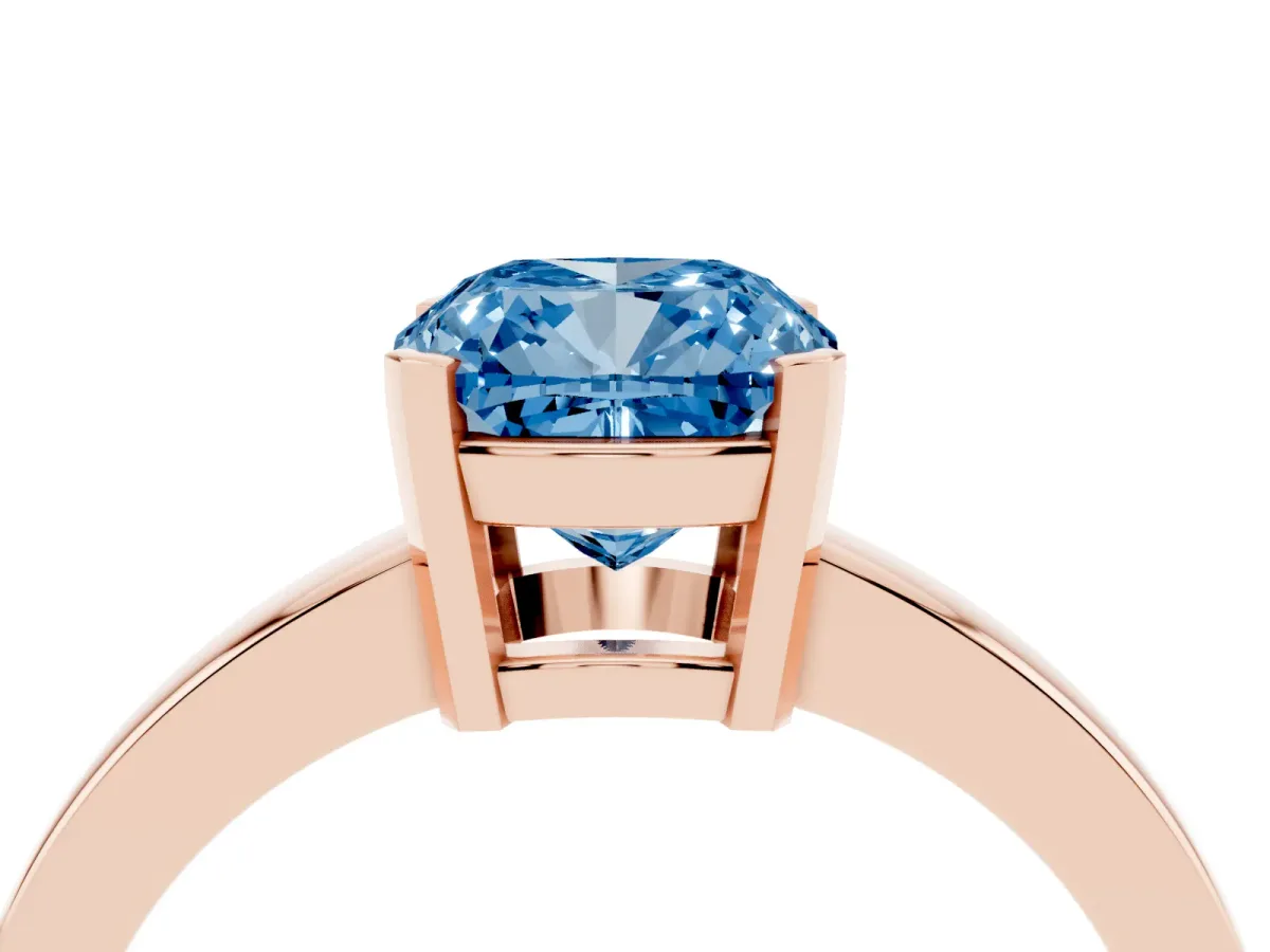 Fancy Blue Cushion Cut Cut Solitaire Ring with Four-Prong Setting and Classic Band Rose gold