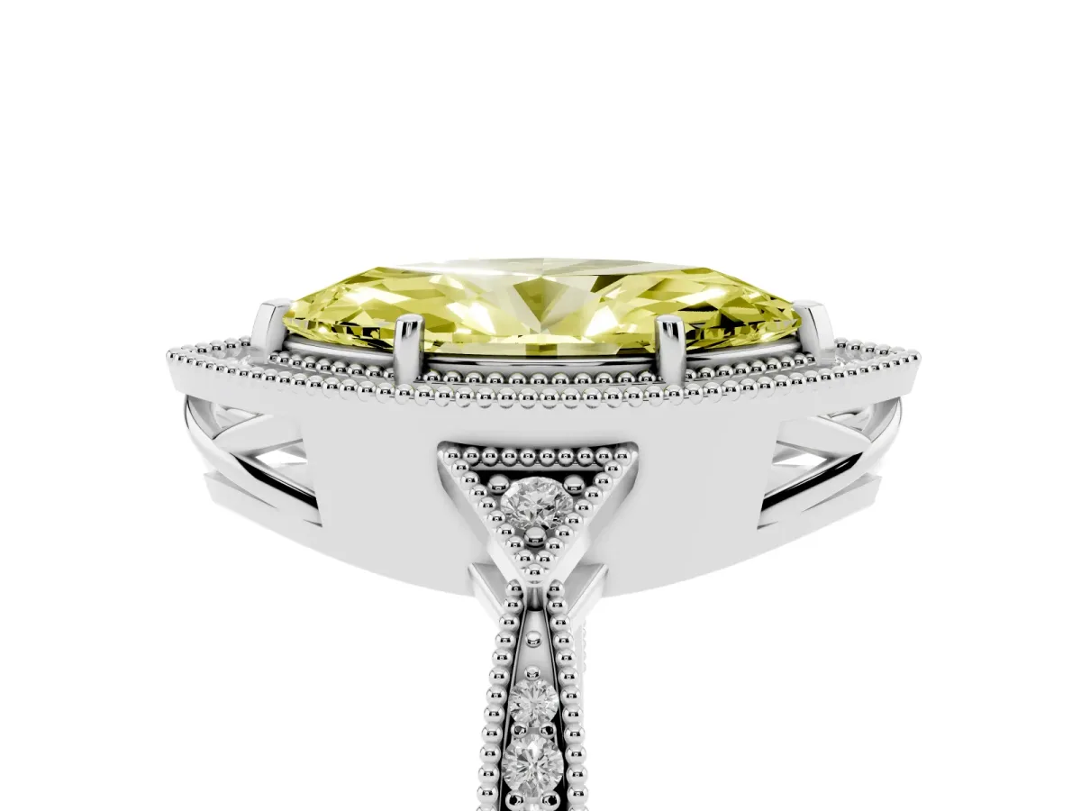 Fancy Yellow Marquise Cut Halo Round Diamond Milgrain Pave Engagement Ring Silver
