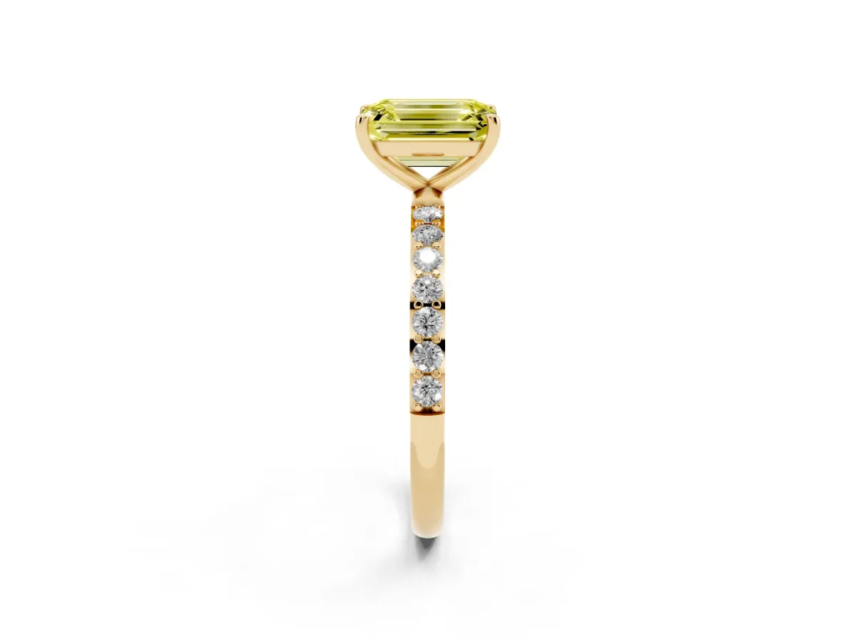 Fancy Yellow Emerald Cut Diamond Solitaire Ring with Round Pavé Shoulders and Prong Setting Yellow gold