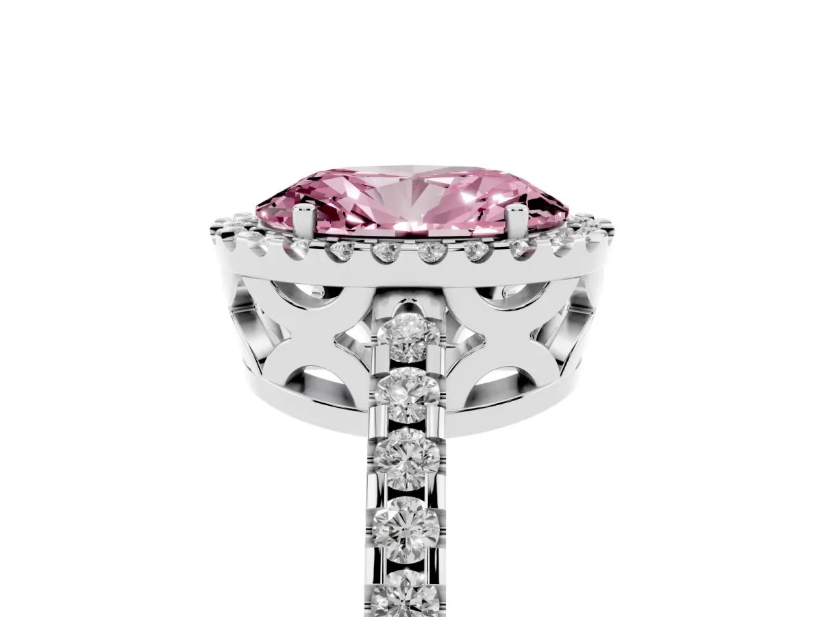 Fancy Pink Oval Cut Diamond Halo Engagement Ring with Pavé Band and Prong Setting Platinum
