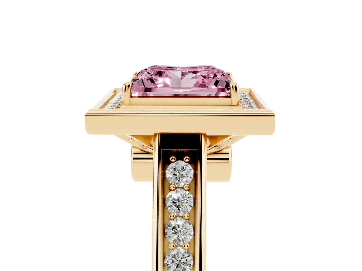 Fancy Pink Princess Cut Halo Solitaire Diamond Ring with Pave Band and Bezel Setting Yellow gold